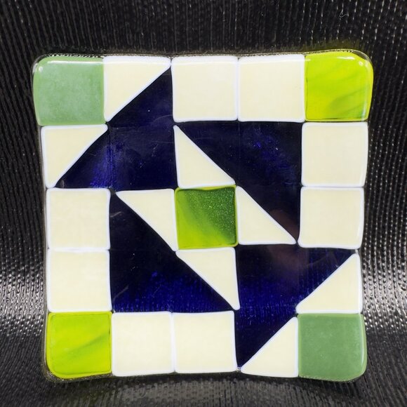 Hand Made Geometric Square Fused Glass Dish Plate Artist Signed Multicolored VTG - Picture 6 of 15